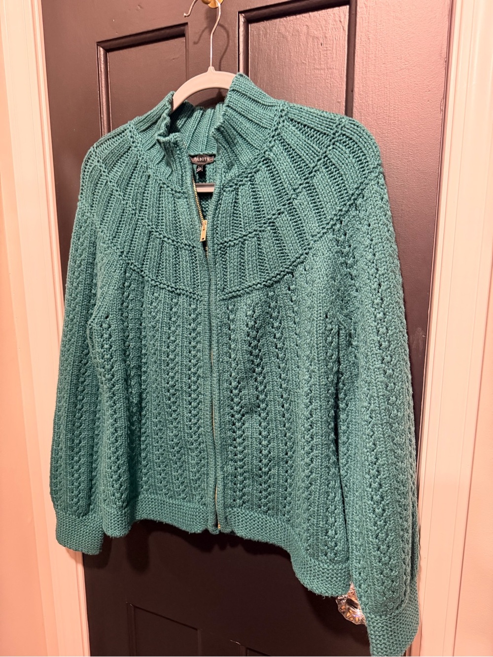 Talbots Green Cable Knit Zip Cardigan